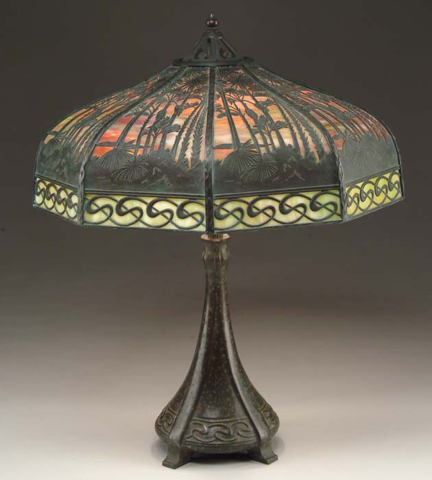 Appraisal: DESIRABLE HANDEL HAWAIIAN OVERLAY LAMP This lovely nine-sided filigree overlay