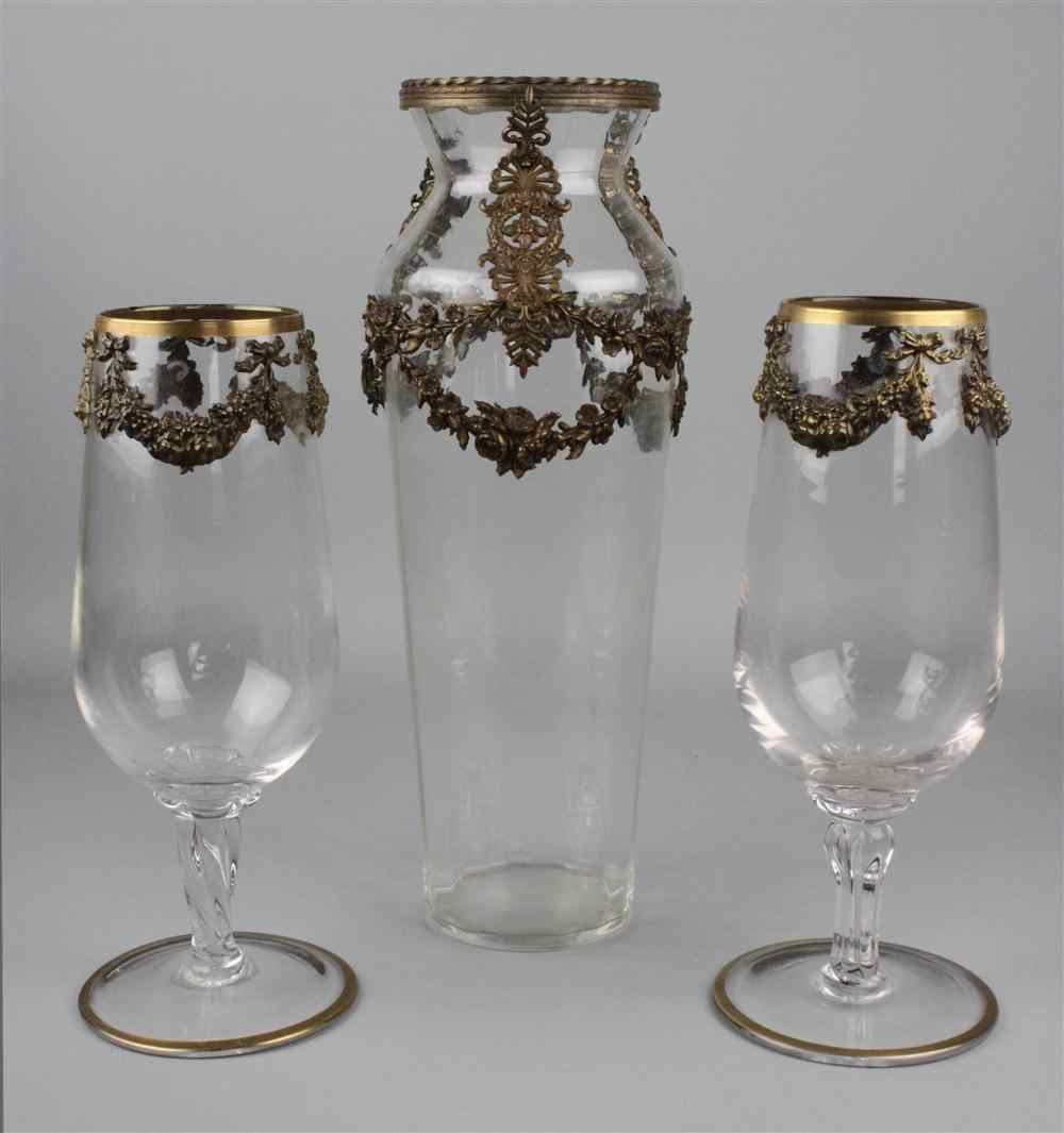 Appraisal: THREE BRASS MOUNTED GLASS VASES including two deep goblet shaped