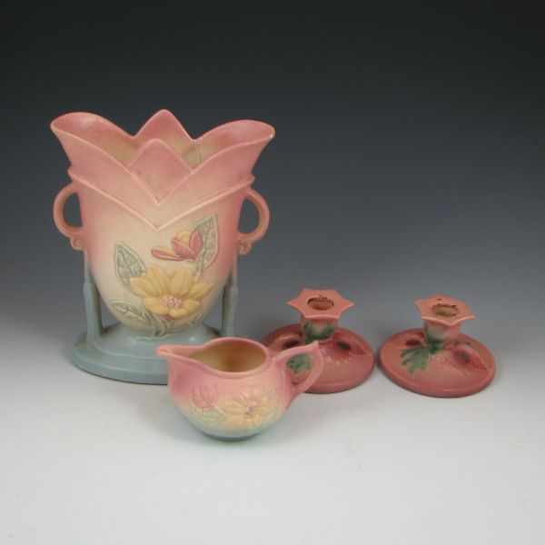 Appraisal: Hull Pillow Vase Creamer Jar Roseville Candle Holders all pink