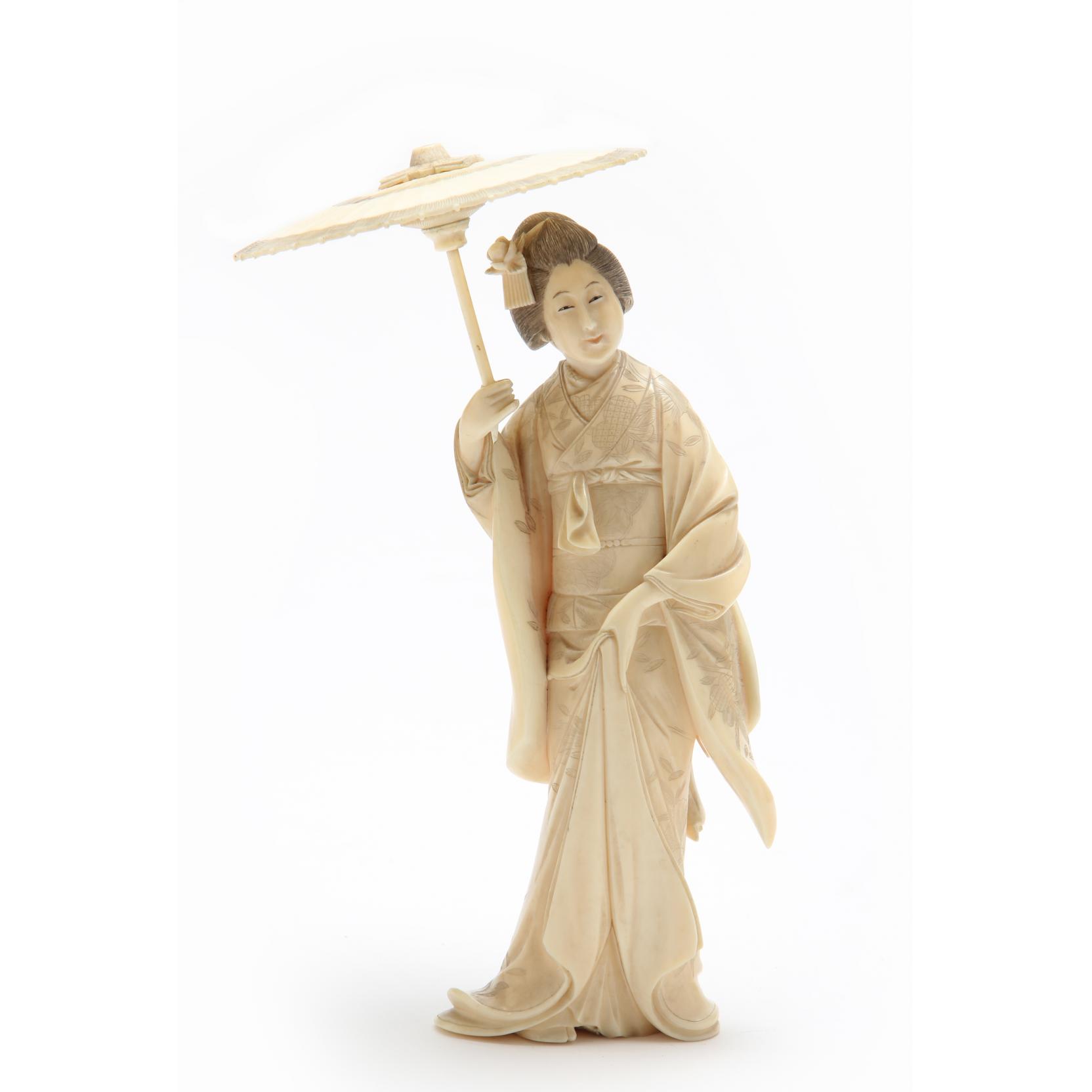 Appraisal: Japanese Ivory Okimono of Geisha Carrying an Umbrella Meiji Period