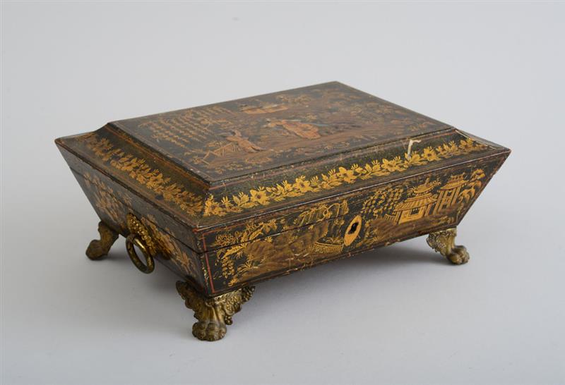 Appraisal: REGENCY BRASS-MOUNTED CHINOISERIE-DECORATED BLACK LACQUER WORK BOX The flattened dome