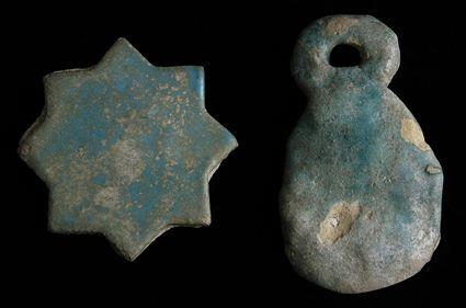 Appraisal: PERSIAN BLUE-GLAZED STAR-SHAPED TILE TOGETHER WITH A PERSIAN BLUE-GLAZED OBJECT