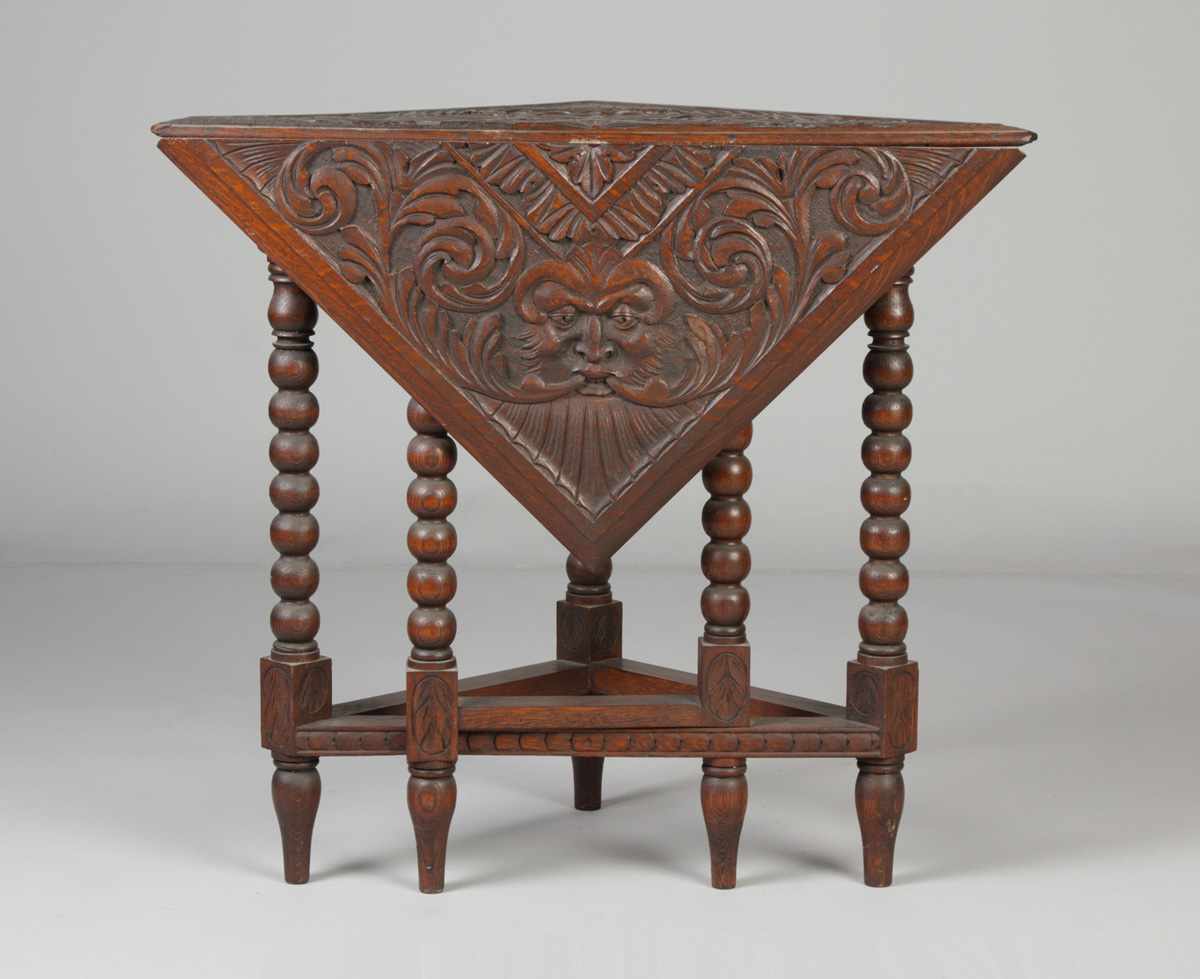 Appraisal: Carved Oak Tuck-Away Table Carved w North winds face Original