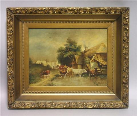 Appraisal: F SCHOOBEL COWS GRAZING BY A POND Oil on panel