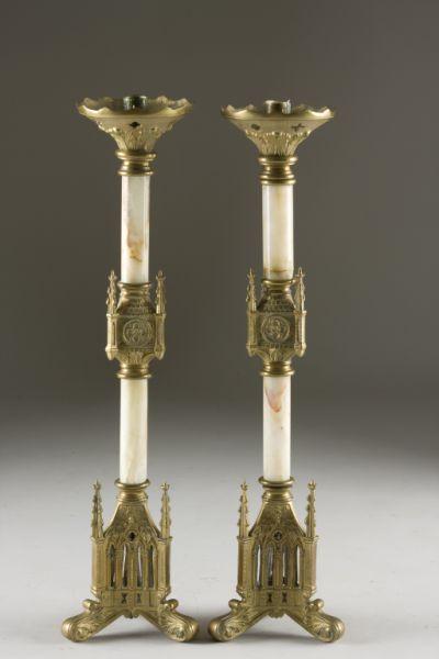 Appraisal: Pair of French Brass Marble Altar Candlesticks late th c