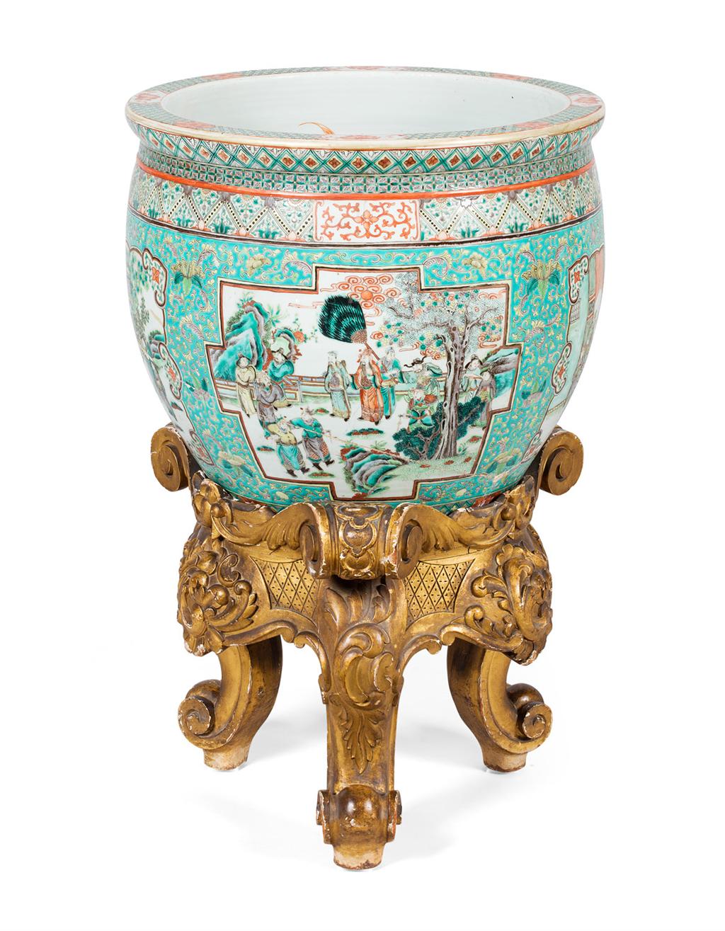 Appraisal: FAMILLE VERTE FISH BOWL AND GILTWOOD STAND QING DYNASTY decorated