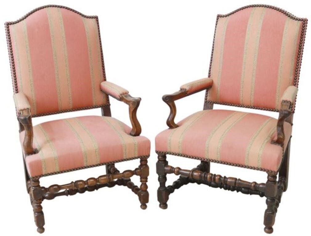 Appraisal: pair French Louis XIII style armchairs th c shaped back