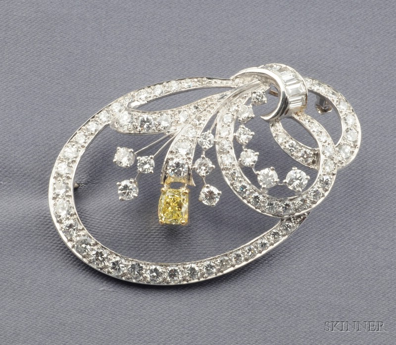 Appraisal: Platinum Colored Diamond and Diamond Brooch set with a fancy