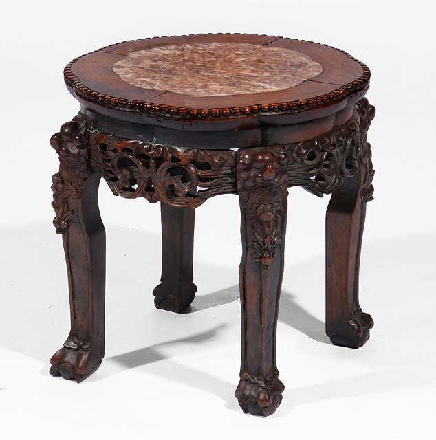 Appraisal: A Chinese hardwood urn stand th Centurywith inset rose marble