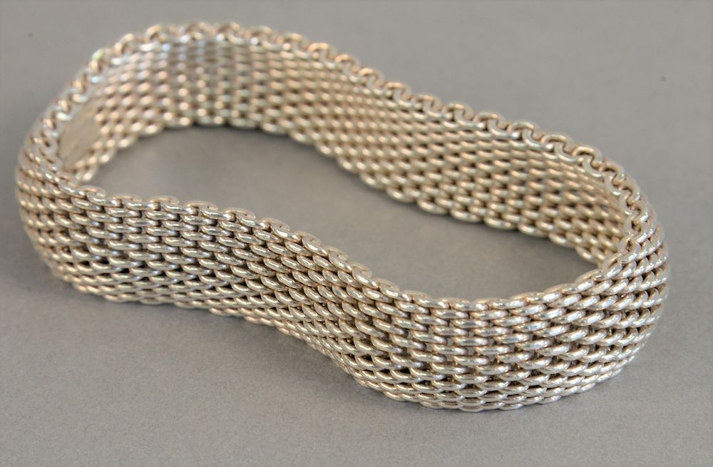 Appraisal: Tiffany sterling silver mesh bracelet with bag Summerset Tiffany sterling