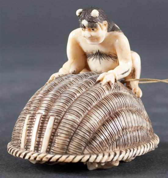 Appraisal: Japanese ivory netsuke Shoki under a basket oni on top