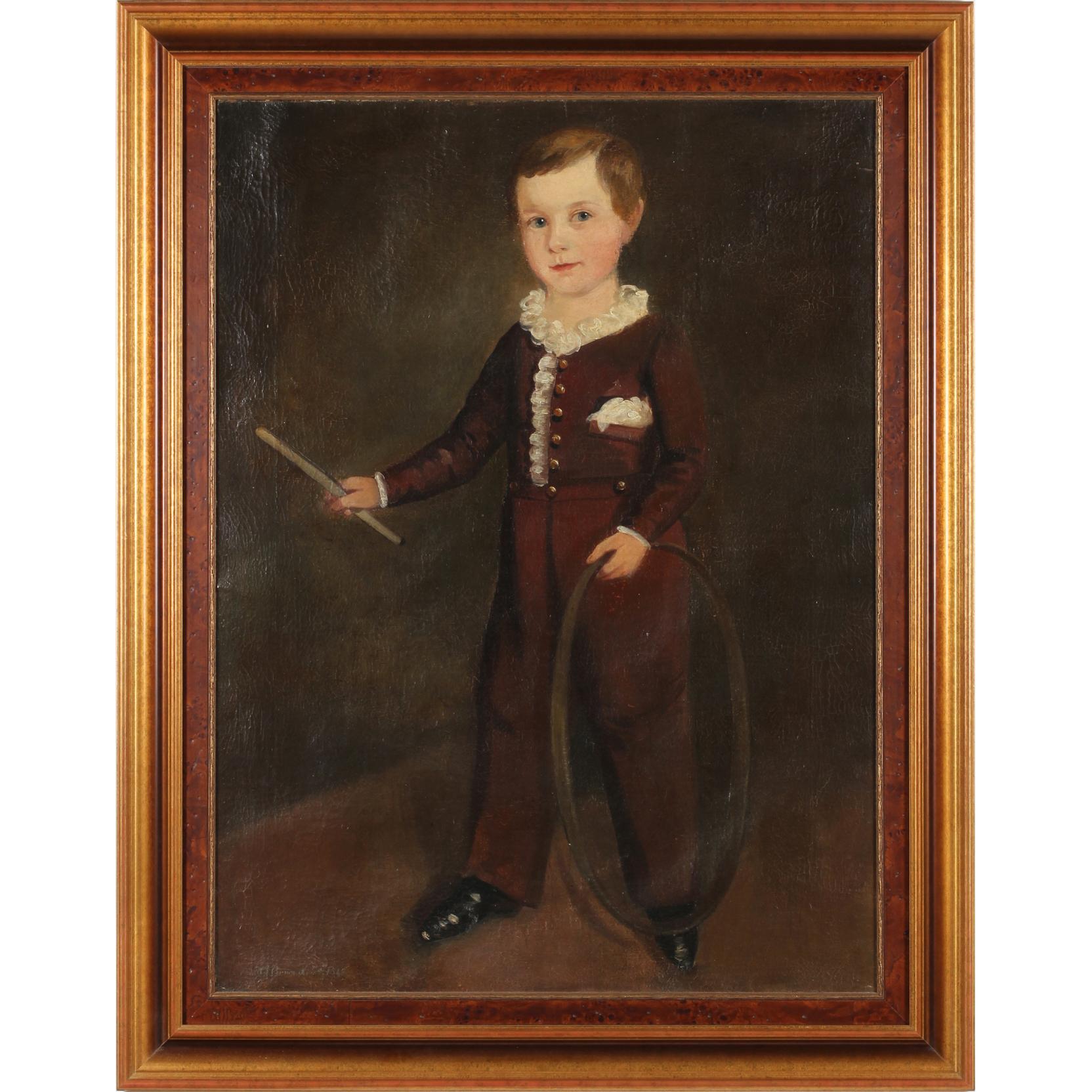 Appraisal: American School Portrait of a Young Boy with Hoop oil