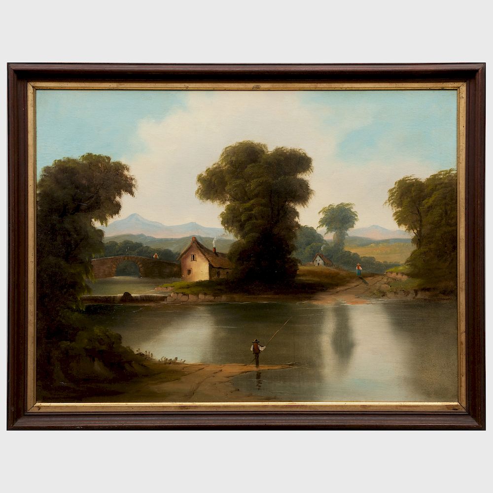 Appraisal: American School River Landscape with Figures in a Boat a