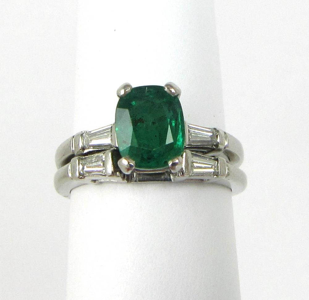 Appraisal: EMERALD DIAMOND AND PLATINUM WEDDING SET including a platinum engagement