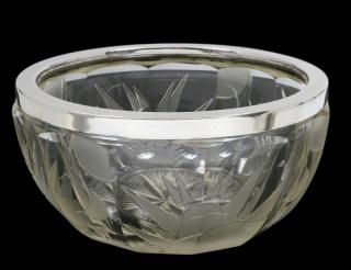 Appraisal: SILVER RIMMED ETCHED GLASS BOWL Undercut with a flower Diameter