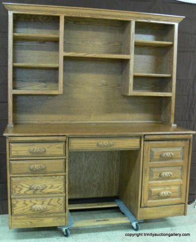 Appraisal: Oak Double Pedestal Computer Desk Hutch - Solid oak with