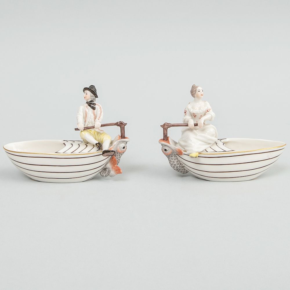 Appraisal: Pair of Frankenthal Nymphenburg Porcelain Boat Form Salts with Boy