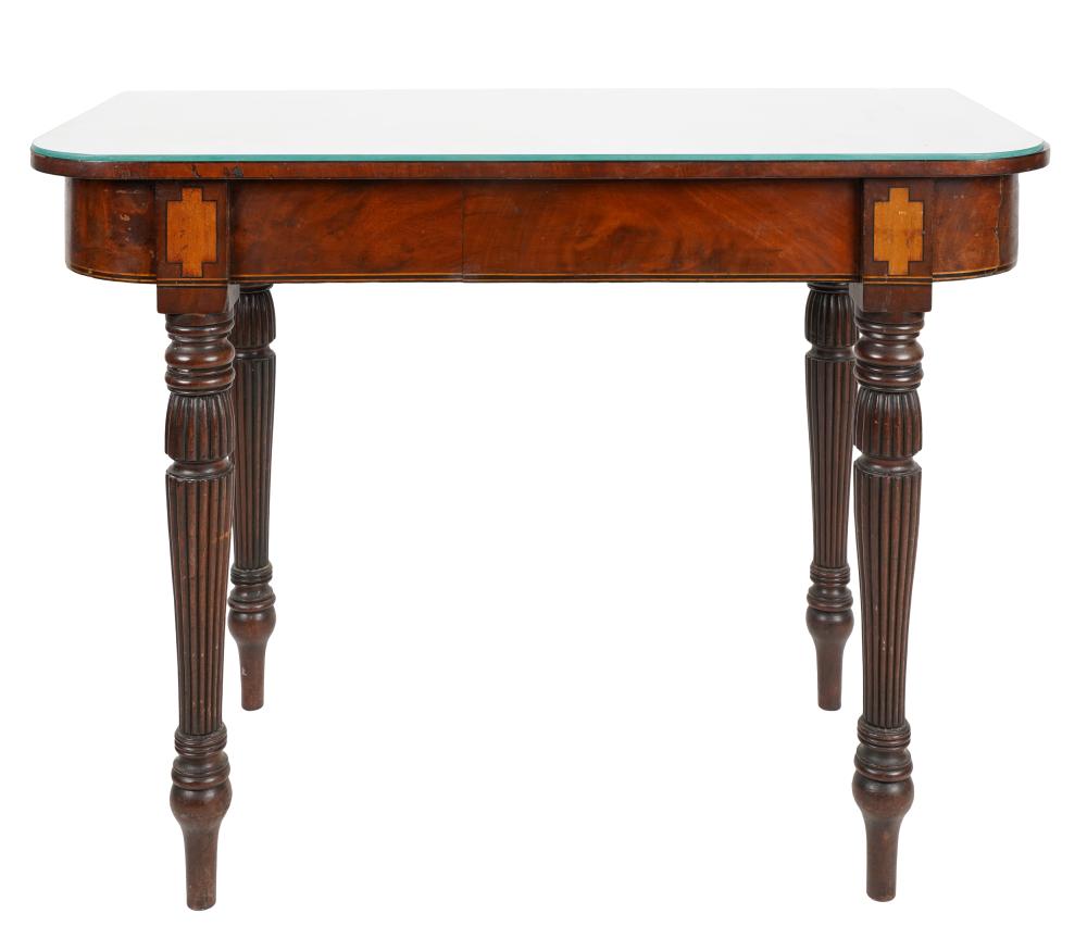 Appraisal: REGENCY-STYLE MAHOGANY SIDE TABLEwith line inlay removable glass cover inches