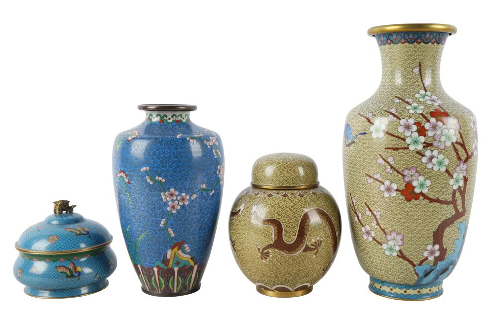 Appraisal: FOUR ASSORTED CLOISONNE PIECEScomprising two covered jars and two vases