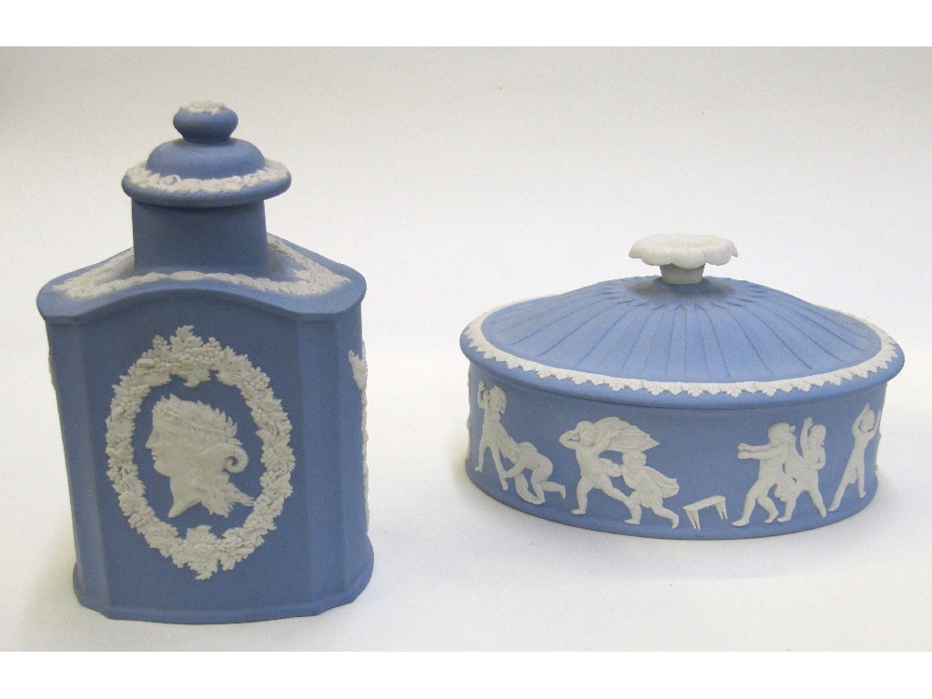 Appraisal: Wedgwood pale blue Jasperware tea canister and an oval box