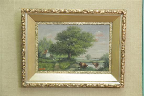 Appraisal: OIL ON CANVAS Landscape depicting cows and a cottage Signed