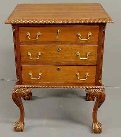 Appraisal: Chippendale style mahogany three-drawer table with ball claw feet h