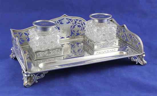 Appraisal: A George V silver rectangular inkstand with pierced shaped three