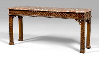 Appraisal: Carved mahogany console table Chippendale style with variegated rose-to-ivory marble