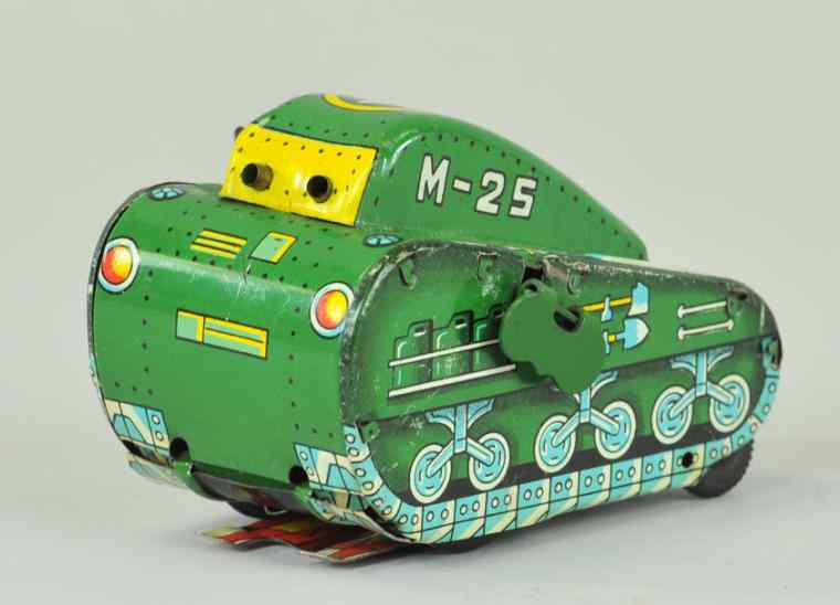 Appraisal: LINEMAR SUPERMAN ROLLOVER TANK Japan lithographed tin green tank with