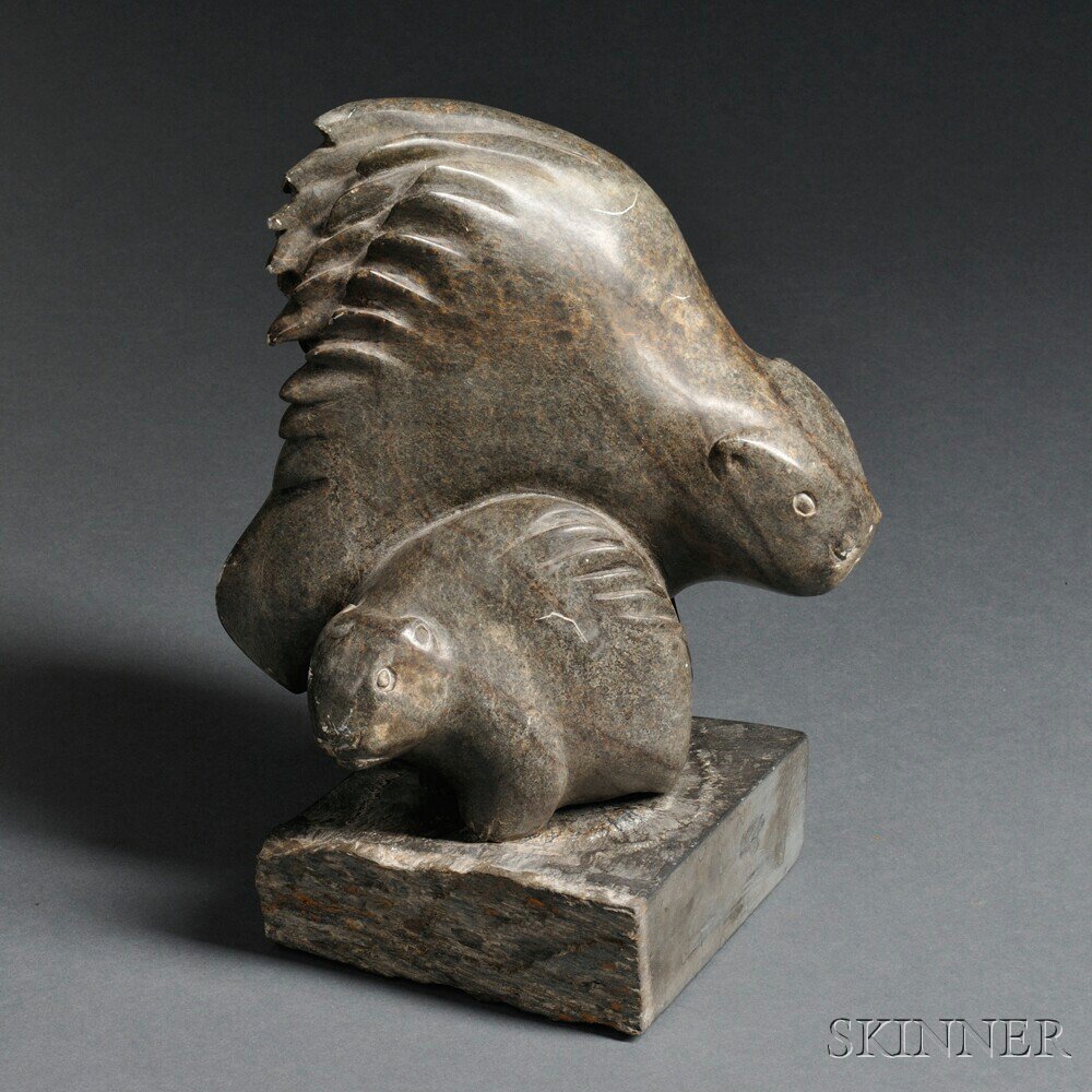 Appraisal: Contemporary Inuit Soapstone Carving depicting two porcupines ht including base