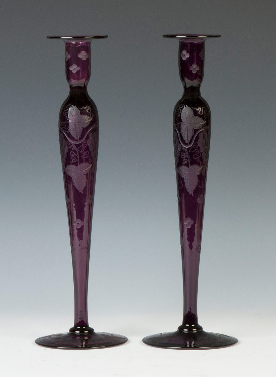 Appraisal: Pair of Steuben Amethyst Candlesticks Engraved leaf vine decoration