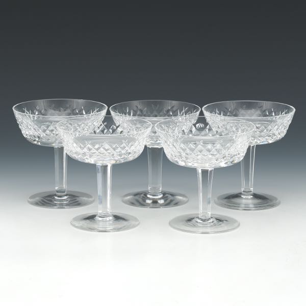 Appraisal: FIVE WATERFORD CRYSTAL CHAMPAGNE COUPS TALL SHERBET GLASSES ALANA PATTERN