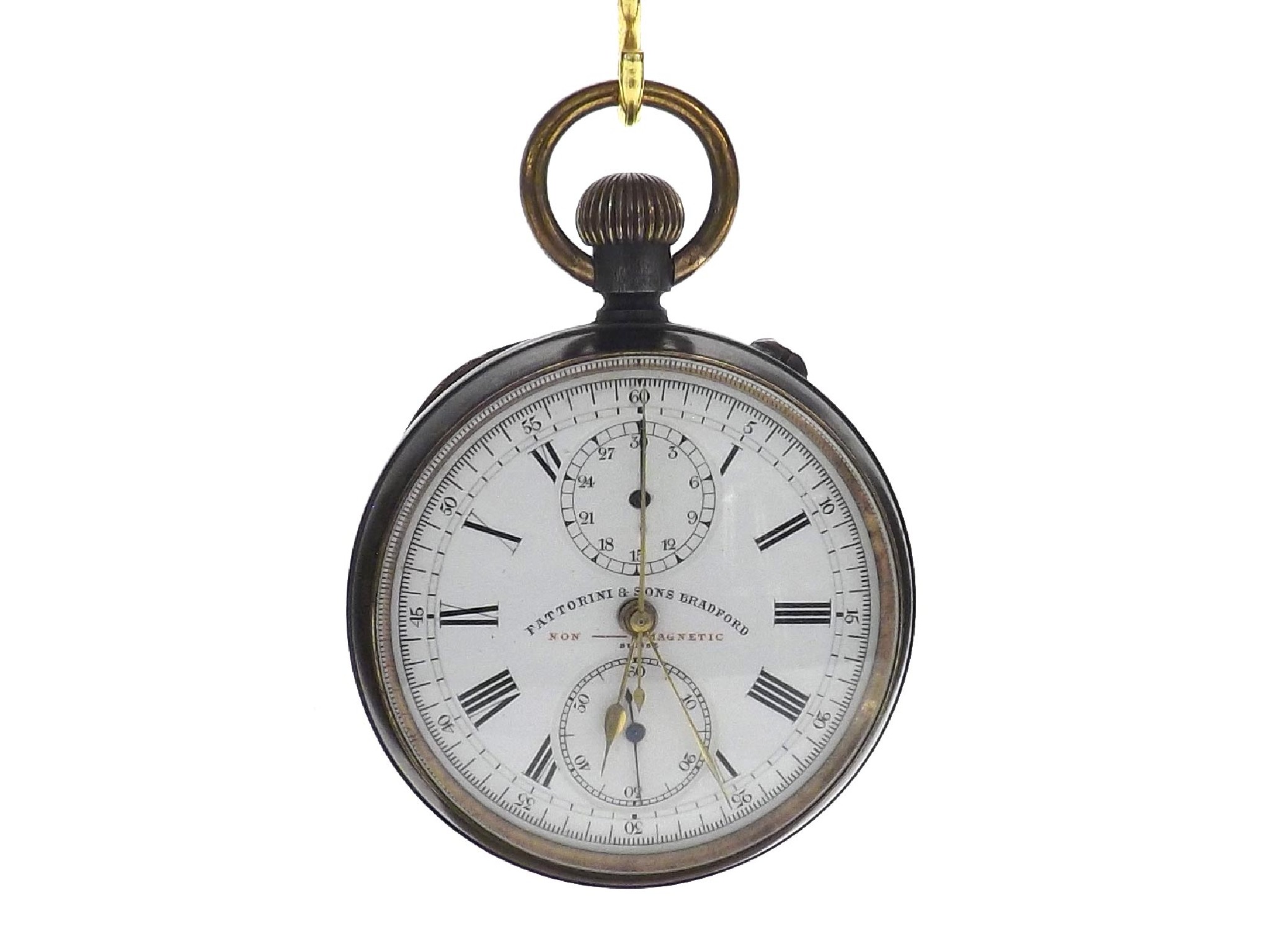 Appraisal: Gunmetal lever chronograph pocket watch unsigned frosted movement the dial