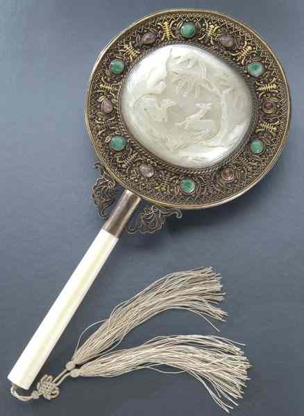 Appraisal: Chinese Qing jade inlaid silver hand mirror International shipping IS