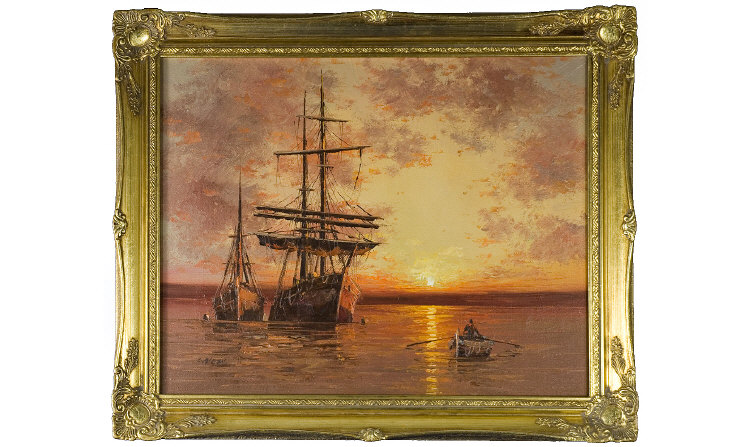 Appraisal: Oil On Canvas Sunset Schooners at Anchor Signed Alexis by