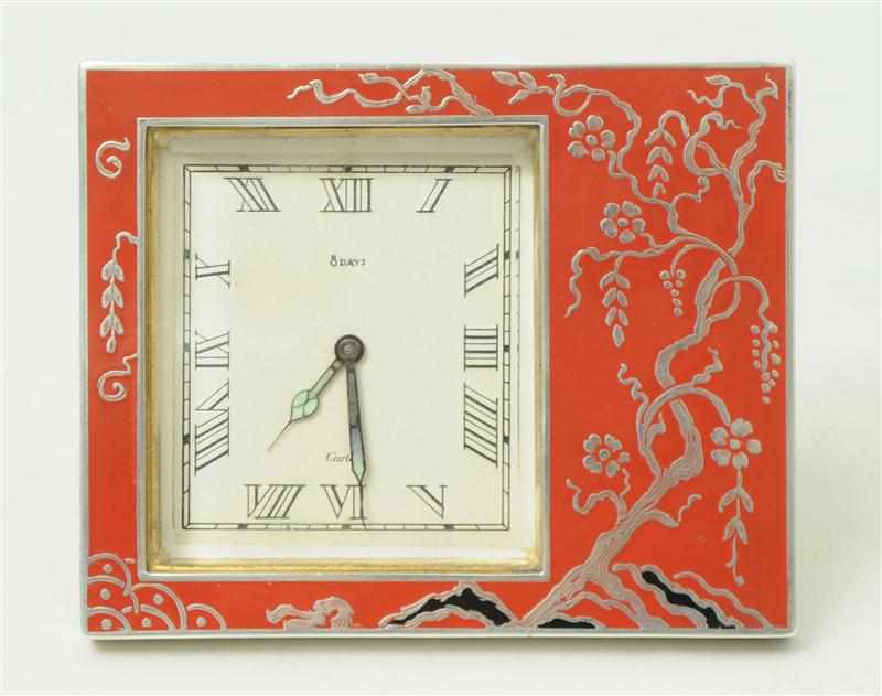 Appraisal: CARTIER STERLING AND ENAMEL DESK CLOCK With eight-day movement x