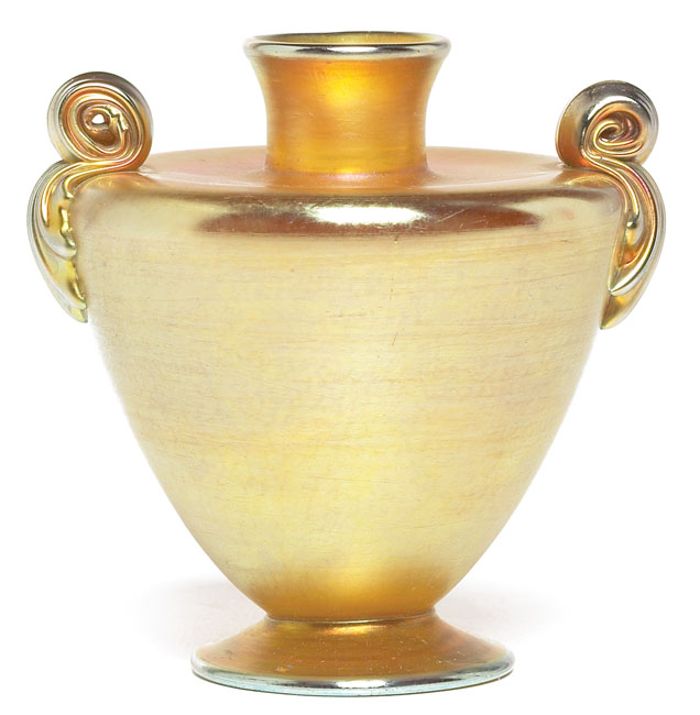 Appraisal: L C Tiffany vase bulbous form with two applied handles