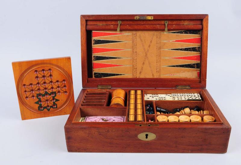 Appraisal: Games Compendium with Marble Board Mahogany box with hinged top