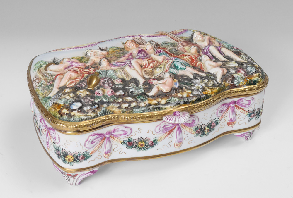 Appraisal: UNUSUALLY LARGE CAPODIMONTE HINGED LID BOX Hinged lid with neo-classical