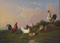 Appraisal: Franz van Severdonck Belgian - Five Chickens Oil on paper