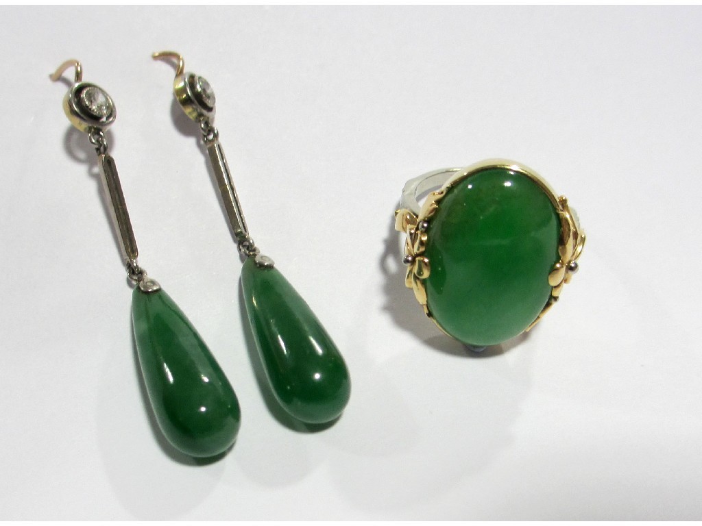 Appraisal: A pair of Art Deco gold jade and diamond pendant