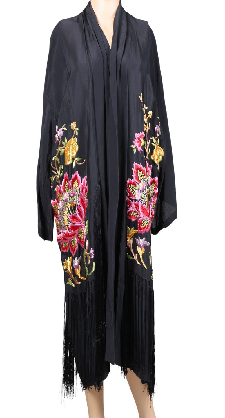 Appraisal: Embroidered piano shawl style kaftan black rayon silk floral embroidered