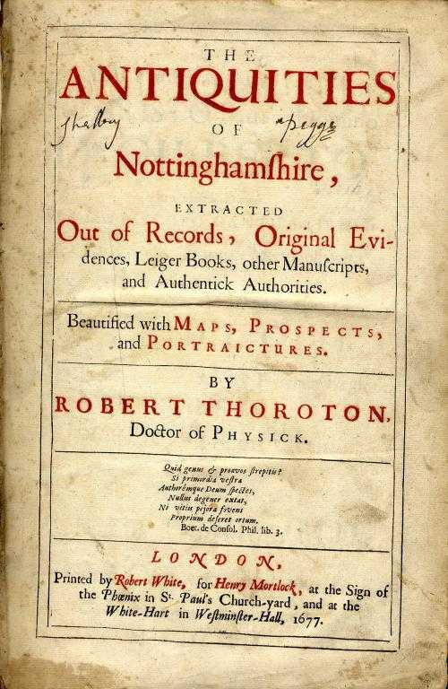 Appraisal: THOROTON ROBERT THE ANTIQUITIES OF NOTTINGHAMSHIRE folio engraved double page