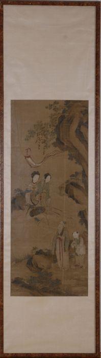 Appraisal: FRAMED CHINESE SCROLL FIGURES IN A LANDSCAPE Watercolor on silk