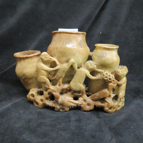 Appraisal: Chinese Carved Soapstonewith monkeys and birds in front of a