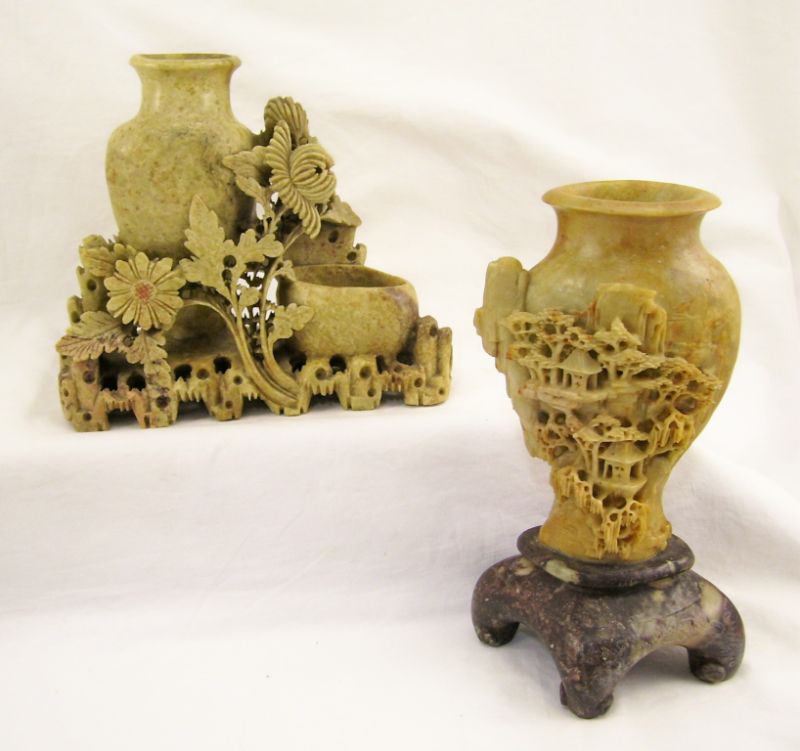 Appraisal: - Carved Soapstone Vases Includes Vase on stand with carved