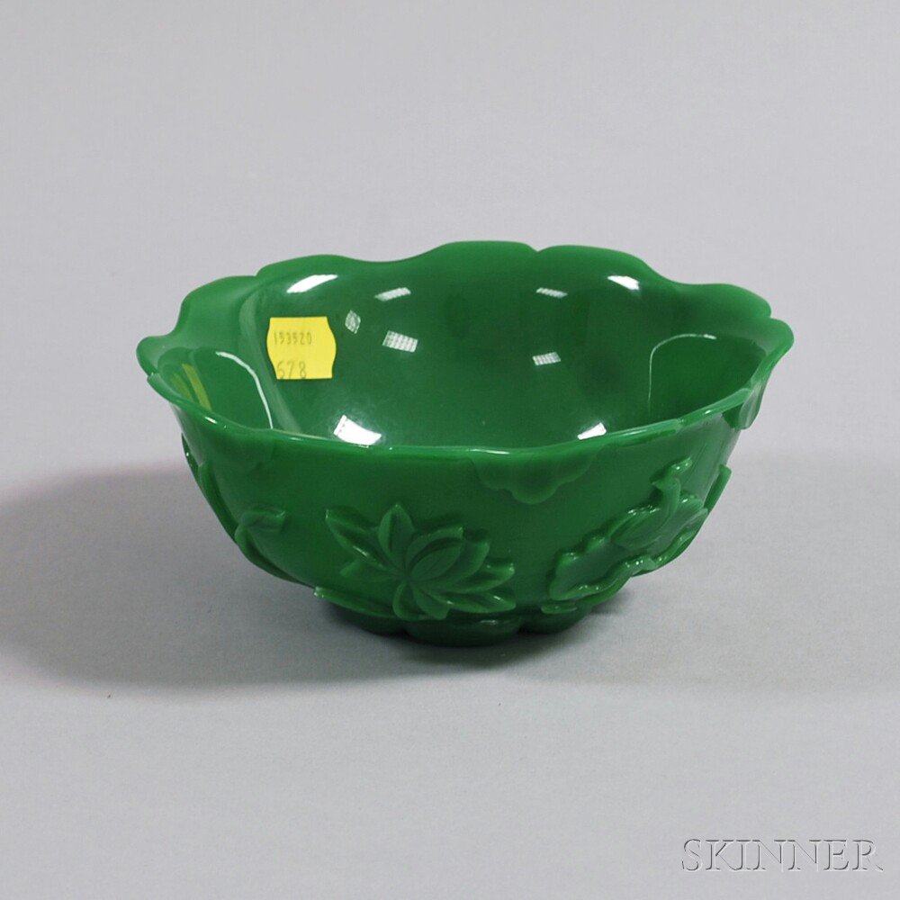 Appraisal: Peking Glass Green Lotus Bowl China flower petal form decorated