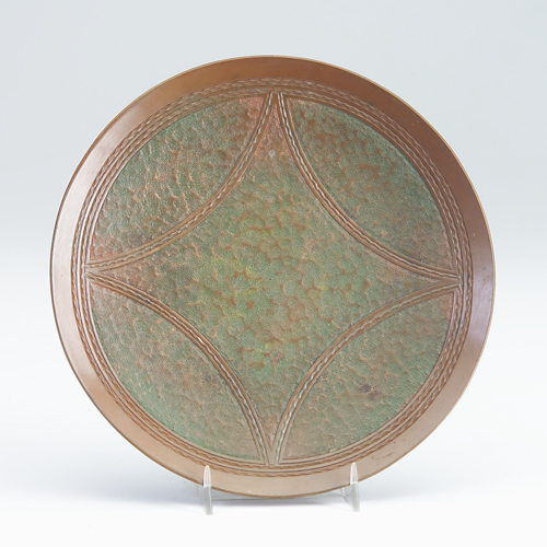 Appraisal: ROYCROFT Hammered copper card tray with stitched and textured ground