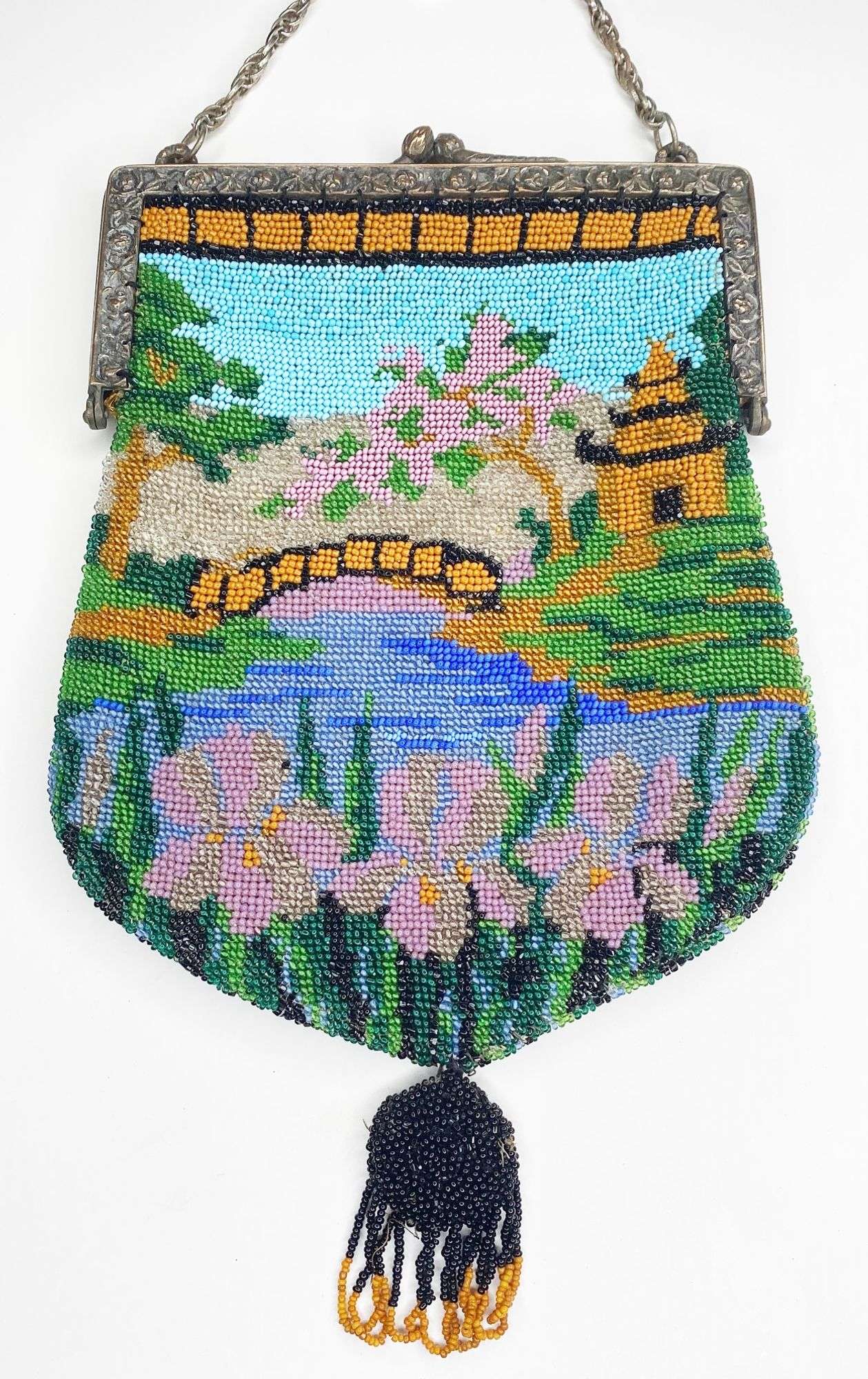 Appraisal: Art Deco Beaded Evening Bag with Bridge Scene and Bronze