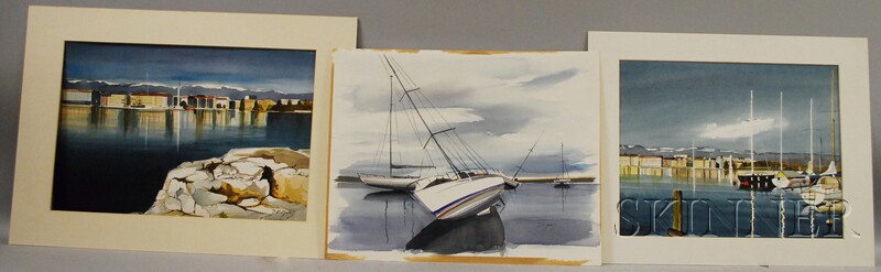 Appraisal: Continental School th Century Three Marine Subject Watercolors Harbor Sailboats